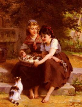 埃米爾 穆尼爾 Deux Filles Avec Un Panier De Chatons